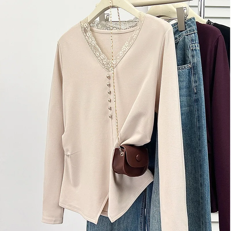 Winter Thiened Long Sve Pure Color Fce Lined Women's Base irt plus Size Lace Trim Inner Wear Top for plus Size Women