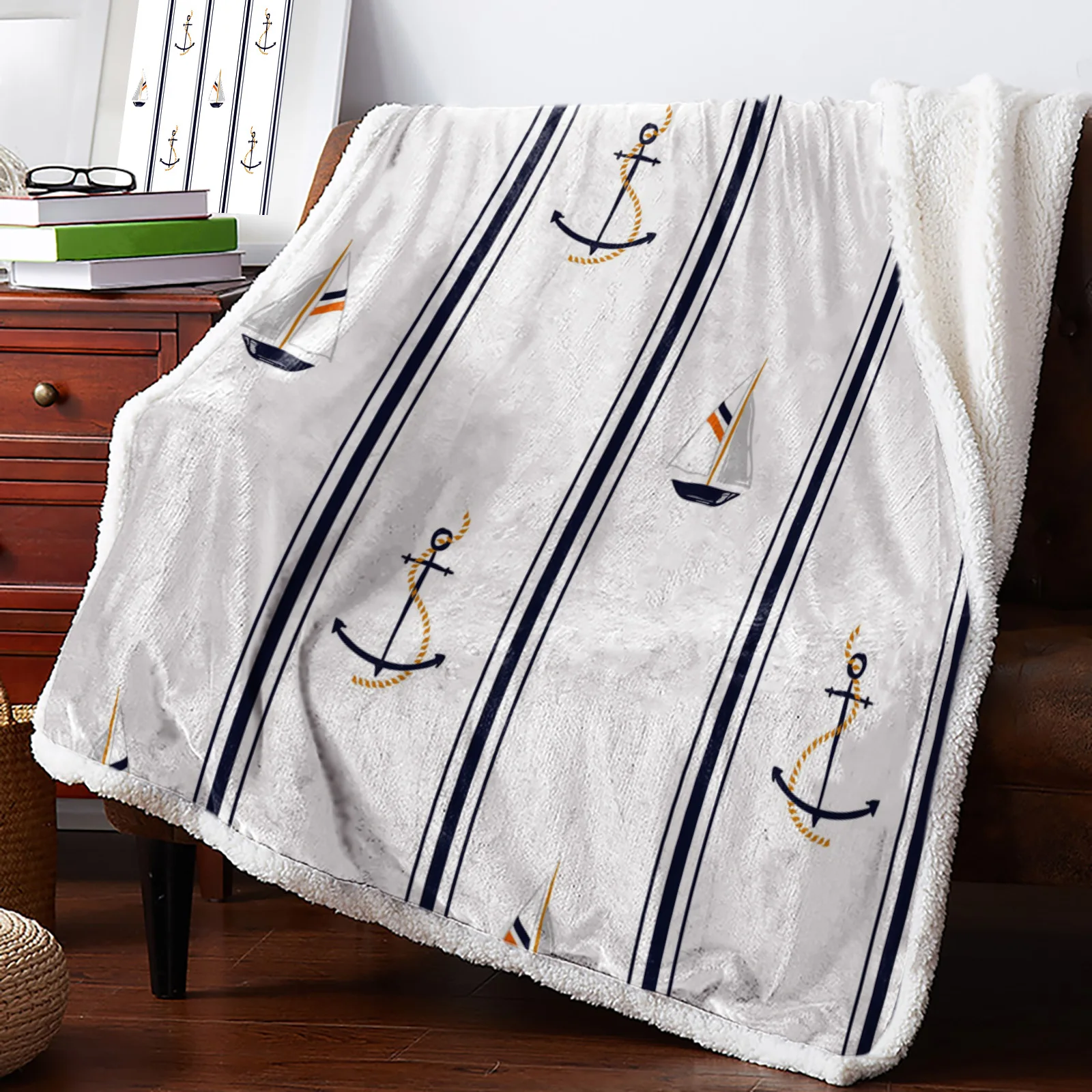 Boat Anchor Stripes White Plush Throw Blanket Sherpa Fleece Bedspread Blankets Sofa Cover Bedding Picnic Wool Soft Blanket