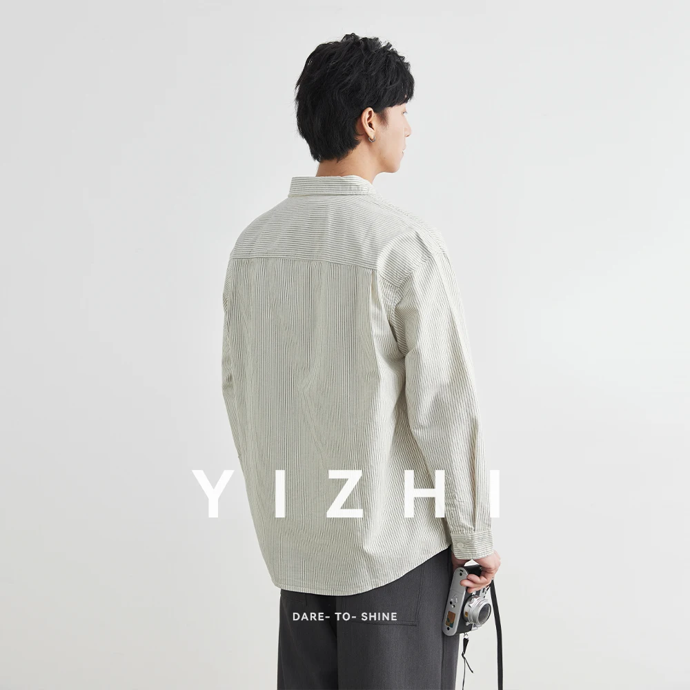100% Cotton Men's Workwear Long Sleeve Shirt Jacket Autumn New Lapel Loose Striped Single-Breasted Button Top Jacket Male Shirt