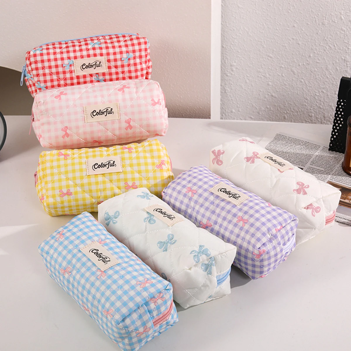 Cute Bowknot Print Pencil Case, Checkered Pattern Portable Zipper Stationery Desktop Storage Bag, Exquisite Back-to-School Gift