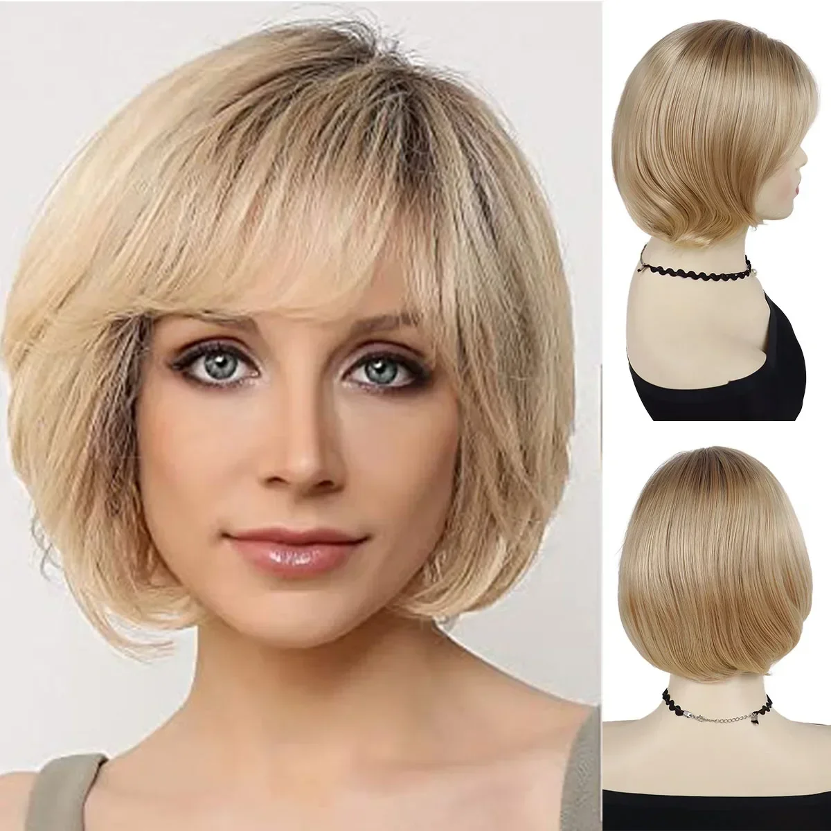 

Synthetic Short Bob Wig with Bangs Natural Hair Styles Mommy Wigs Ombre Blonde Wig with Brown Root Gradient Color Straight Wigs