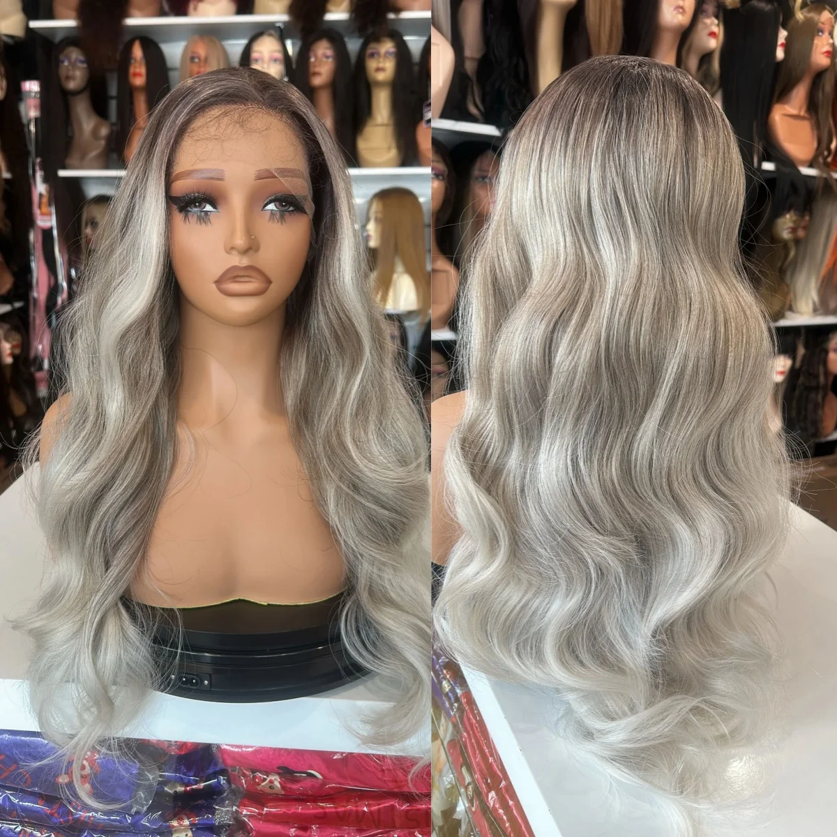 

26 Inches Gray Blonde Shadow Roots Synthetic Lace Frontal Wigs For Women Body Wave Heat Resistant Fiber Wigs On Clearance Sale