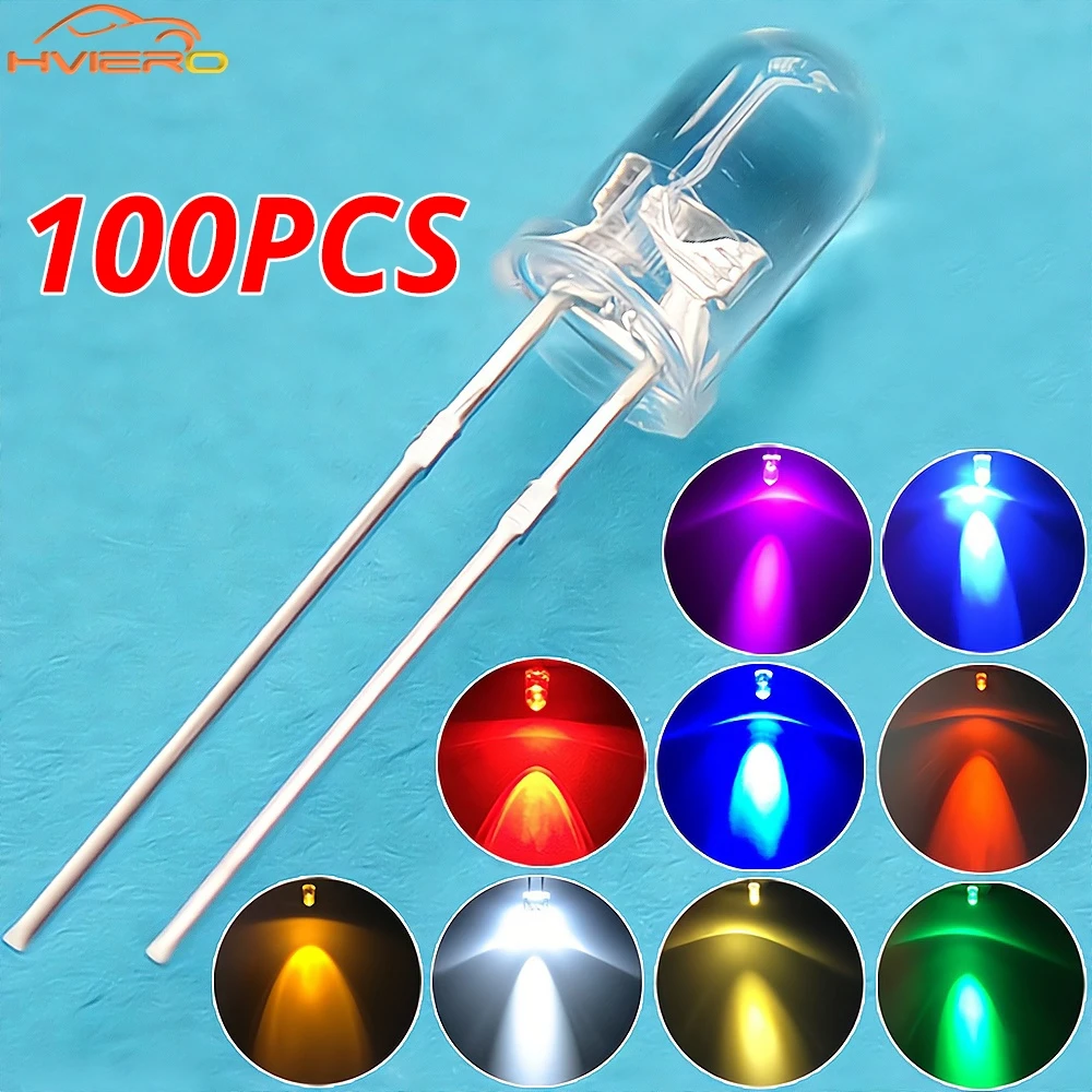100pcs F5 5mm Round White Red Blue Warm Pink UV Water Clear Led Super Bright Lights Emitting Diodes 6000-6500k Lamp Beads Bulb