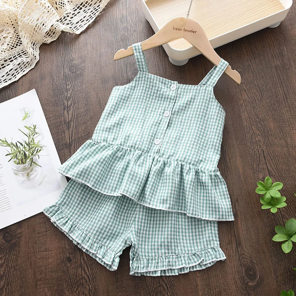 Bear Leader Girls Clothing Sets 2022 Summer Kids Clothes Floral Chiffon Halter+Embroidered Shorts Straw Children Clothing