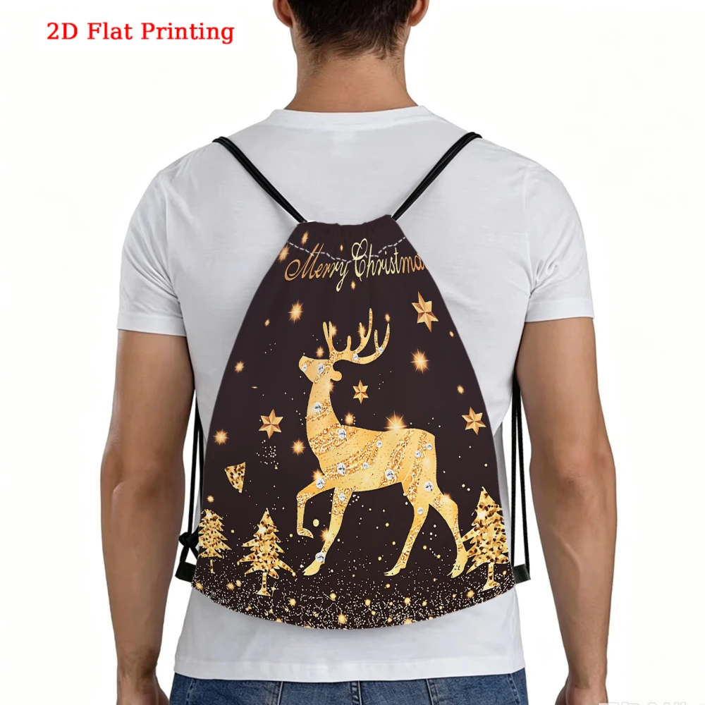 Christmas 2D Printed Golden Deer Drawstring Backpack for Fitness Sports Outdoor Travel