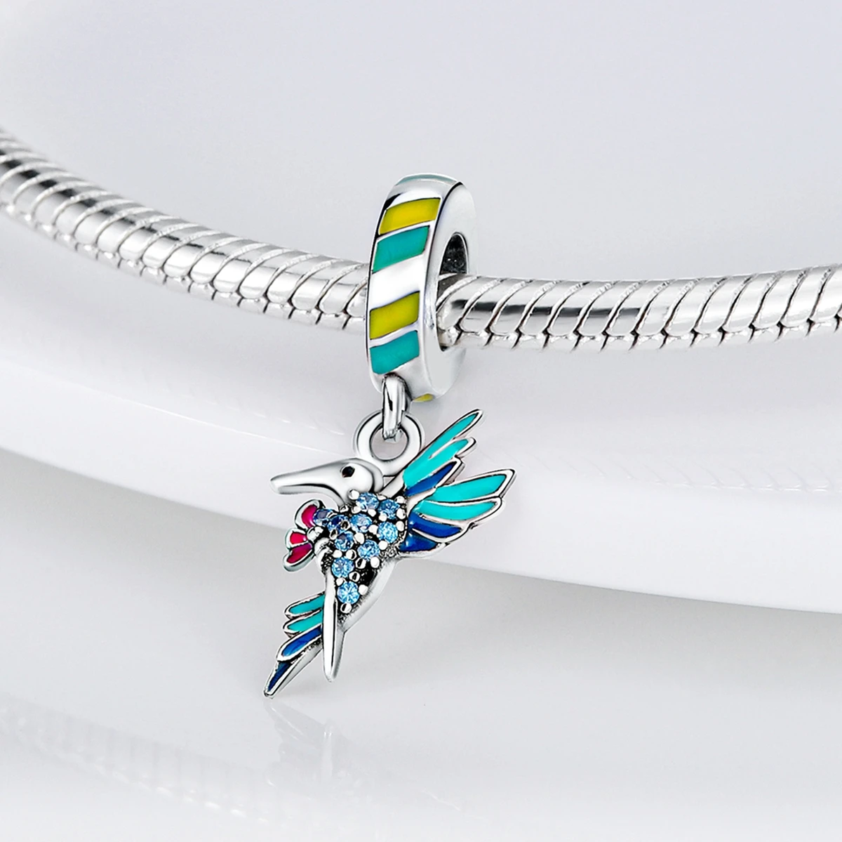 Color Enamel Hummingbird Flamingo Bird Butterfly Flower Beads Charm fit Bracelet Necklace Silver Plated Women Jewelry Making view 6