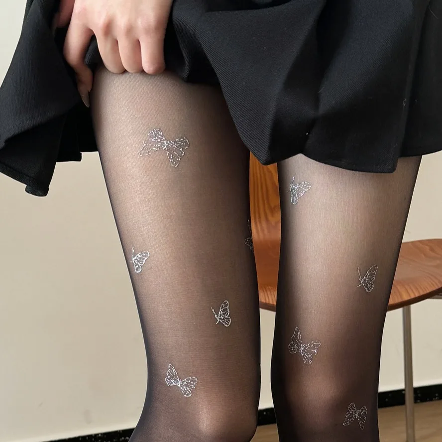 

Sweet Girl Silver Butterfly Printed Silk Socks Unique Design Fashion Sexy Women's Pantyhose Thin Transparent Y2K Long Tights