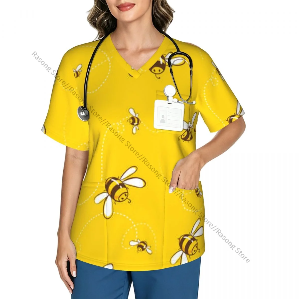 Cute Flying Bees Illustration Scrubs Medical Uniforms Women V Neck Short Sleeve Tunic Scrubs Tops Nursing Surgical Uniforms