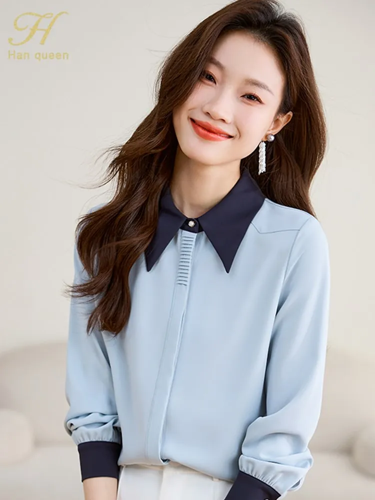 H Han Queen Spring Autumn Long Sleeve Top Elegant Blouses Colorblock Simple Shirt Korean Casual Chiffon Blouse Women Clothing