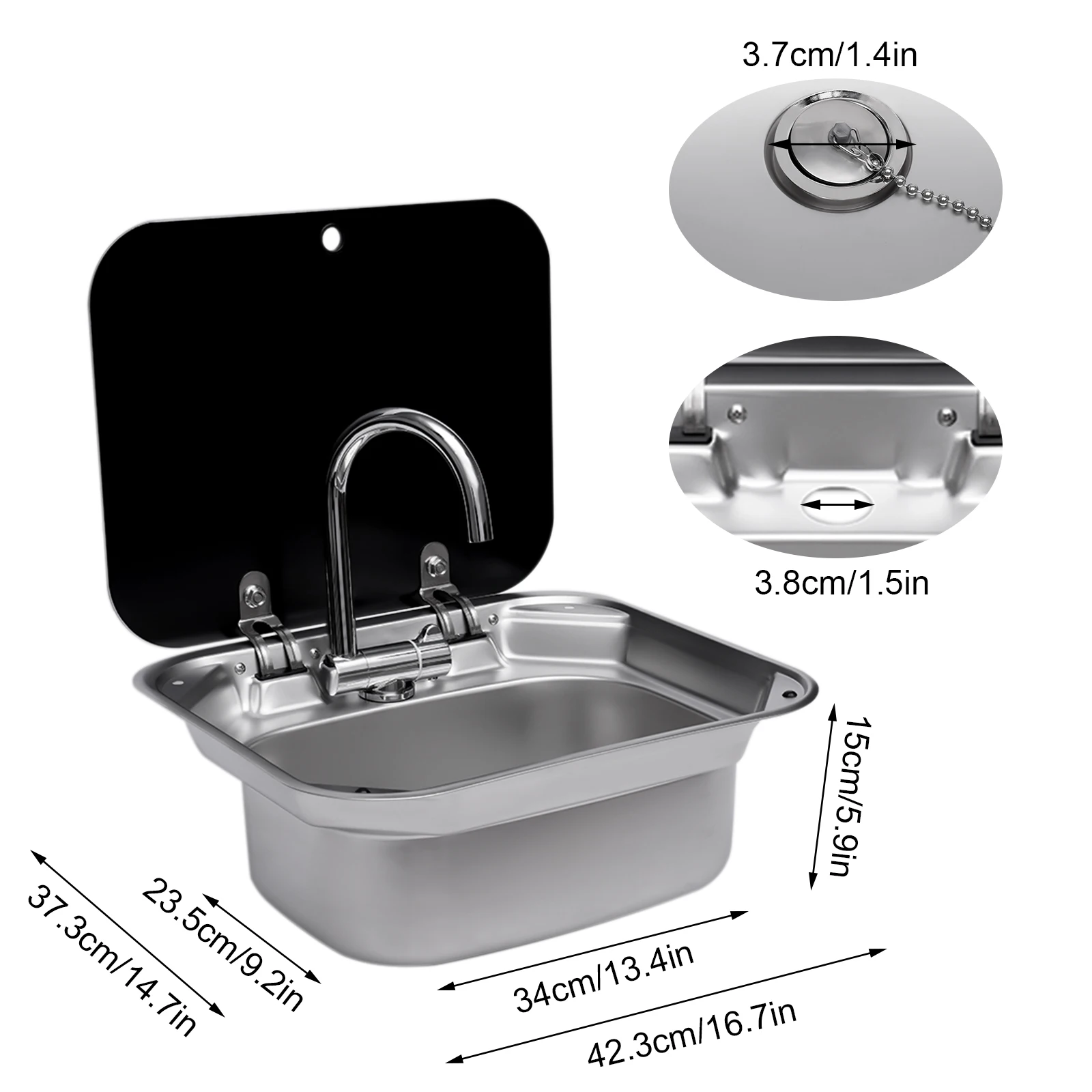 RV Sink Combo Stainless Steel Drop-in Kitchen Sink with Folded Faucet and Tempered Glass Lid for Camper RV Caravan or Boat