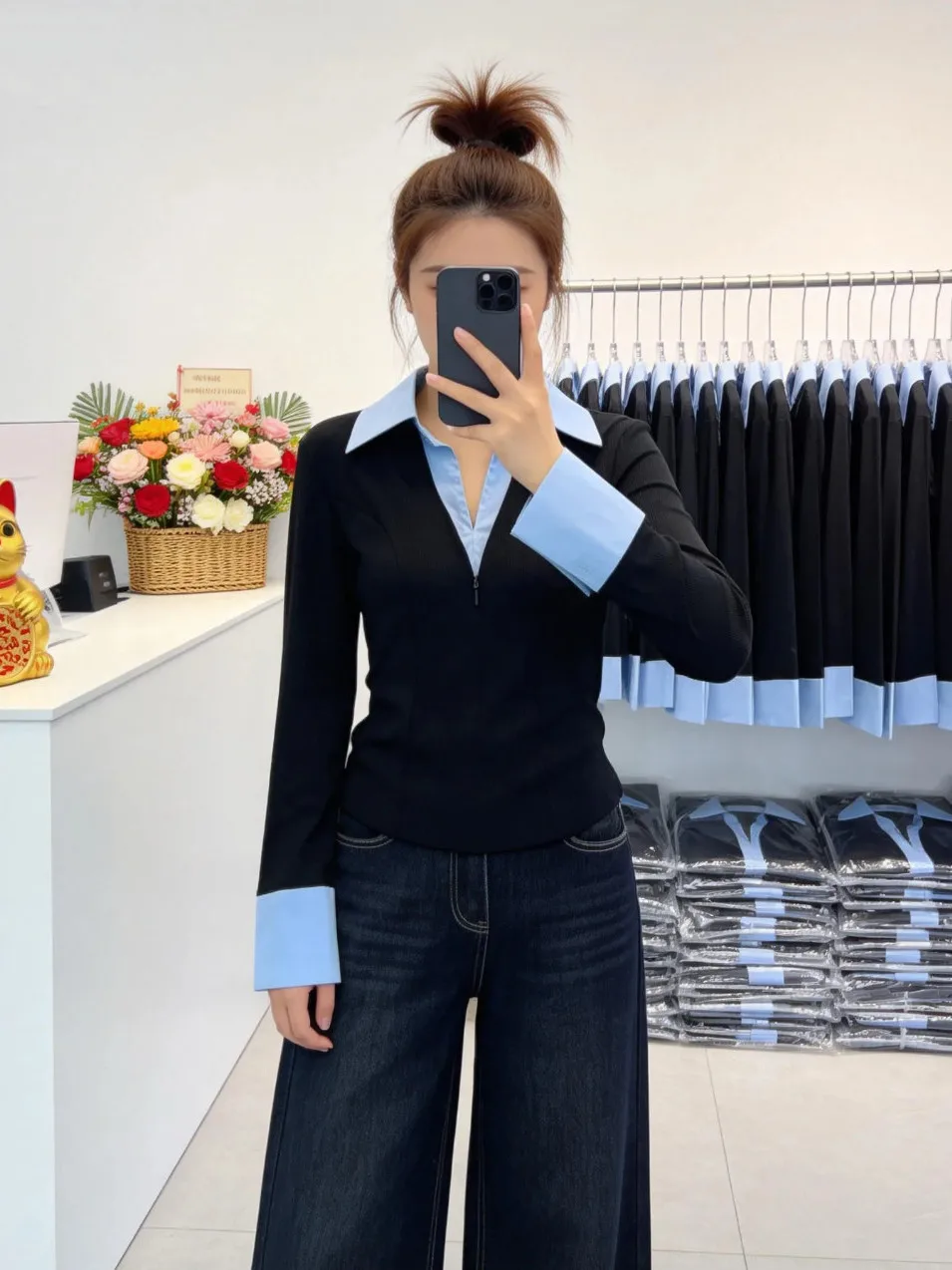 

Color Block Long Sleeve Slim Fit Shirt Women's Base Layer Top Spring Autumn Casual Style Fashionable Inner Wear Base Shirt