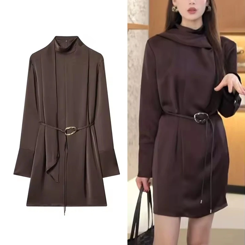 Feminino início da primavera moda meia gola alta cachecol streamer cetim textura mangas compridas vestido feminino estilo de rua vestido elegante ﻿