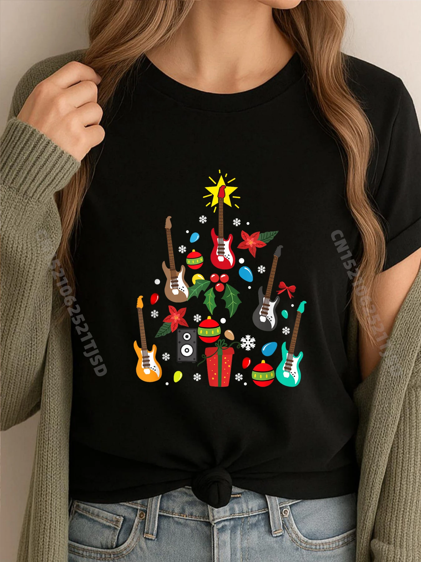 

Bass Guitar Christmas Tree Guitar Player Musician Pajamas Designer Clothes Woman Adult Winter Sale T Shirt Chinese Style