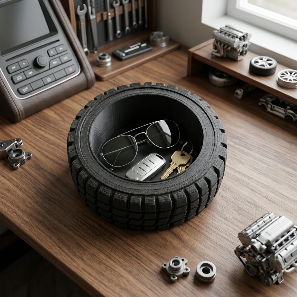 3D Printed Black Car Tire Desk Organizer Tray Mini Storage Tray for Home Key Glasses Jewelry Storage 8cmx2.7cm