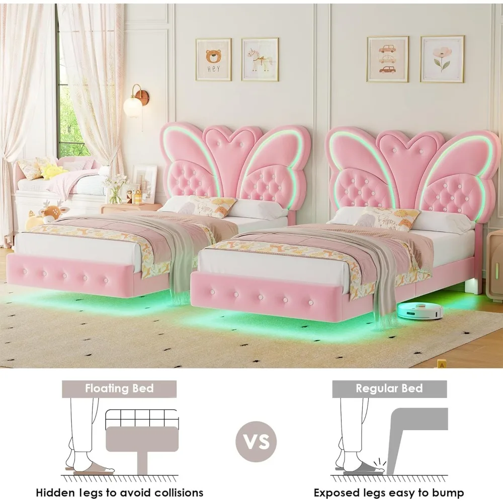 Keyluv Twin Bed Frame Butterfly-Pattern Upholstered Headboard, Modern Floating Bed with LED Lights Button Tufted on Headboard an