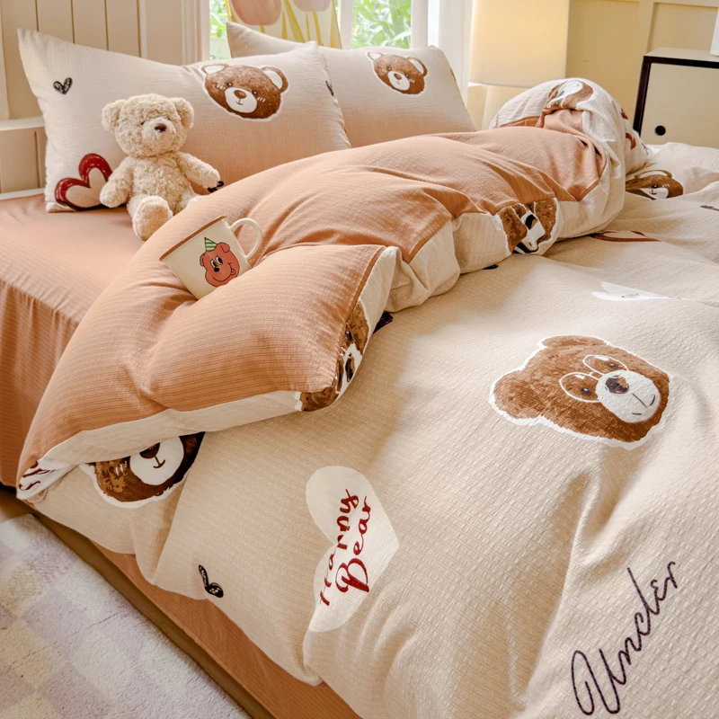 Simpatico orsetto copripiumino Set biancheria da letto Seersucker per bambini ragazzi ragazze adolescenti Cartoon Brown Bears Pattern Cute Animal