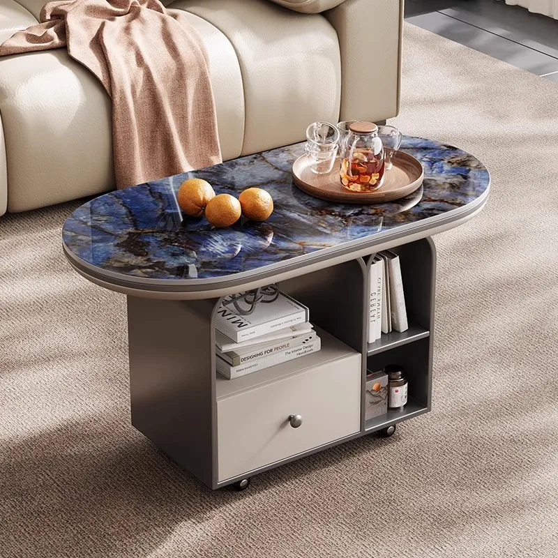 

Italian simple movable stainless steel coffee table light luxury modern trolley living room small apartment sofa rock slab edge