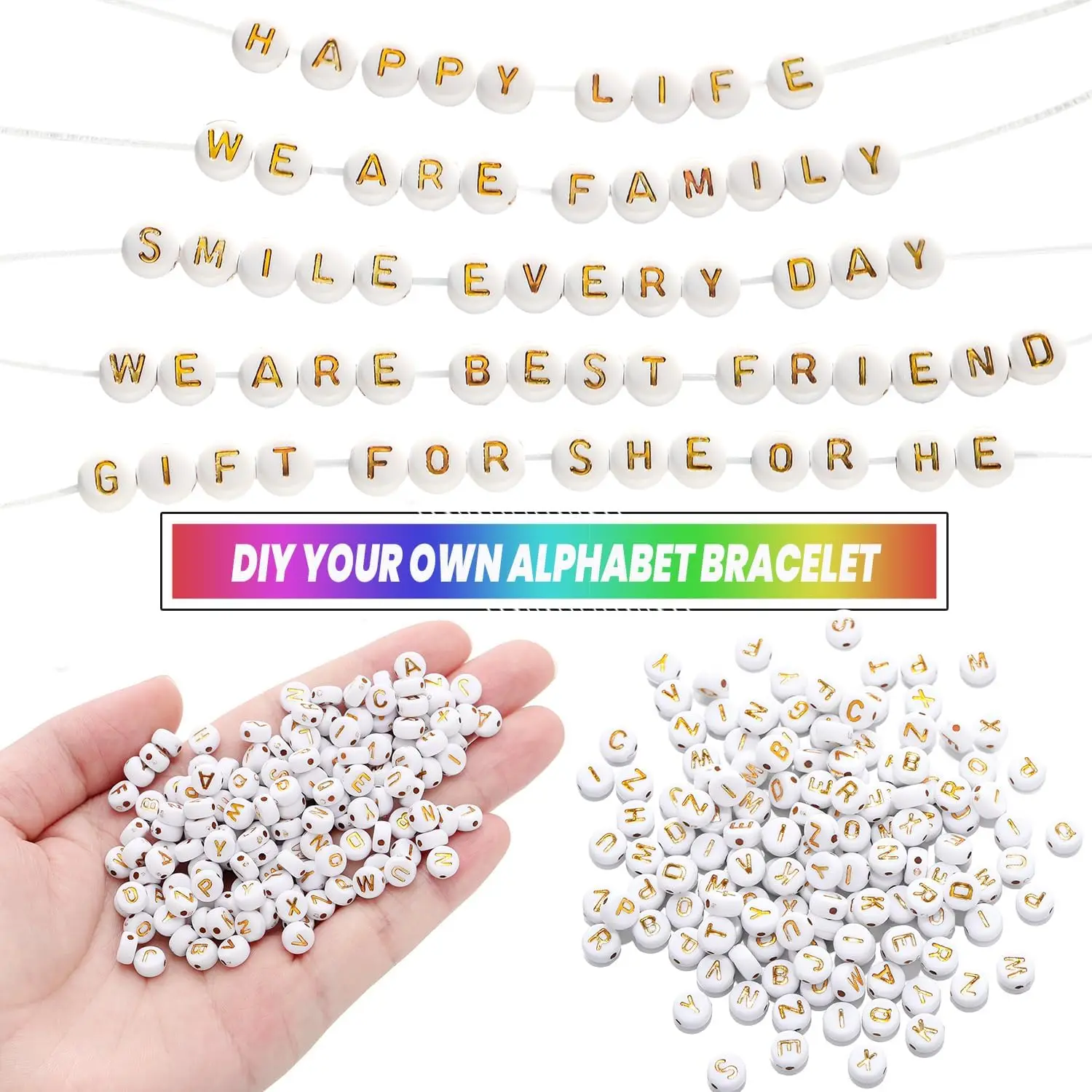 1000pcs 4x7 mm Round Letter Beads Acrylic Gold Alphabet Beads for Jewelry Making White A-Z Letter Beads with Bracelets Jewelry