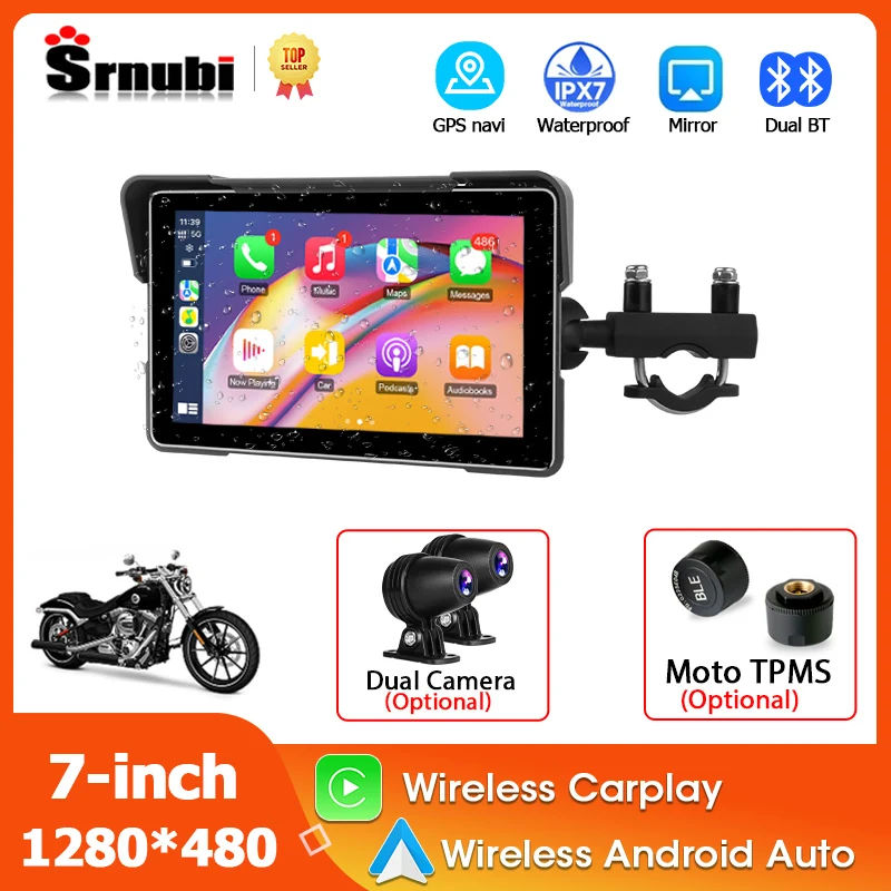 

Srnubi 7-дюймовый мотоциклетный видеорегистратор или плеер 1080P, навигация, GPS, беспроводной Carplay, Android-экран с внешним датчиком Moto TPMS