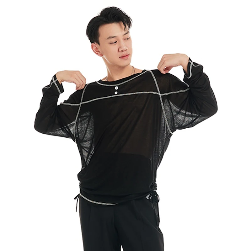 

New Adults Samba Chacha Rumba Latin Dance Tops Male Black Latin Drawstring Tops Men Long Sleeves Ballroom Dance Wear SL12823