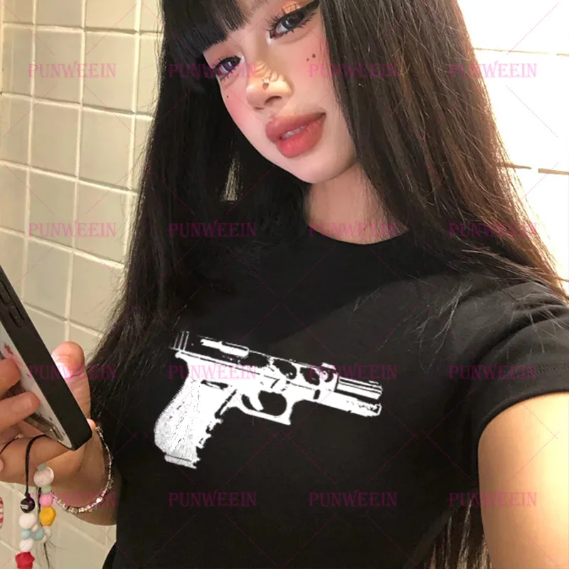 Gothic Print Black Women Corp Top Skinny Y2k 90s Hip Hop T-Shirt Aesthetic Sweetheart Graphic Rock Streetwear Punk Slim Top Tee