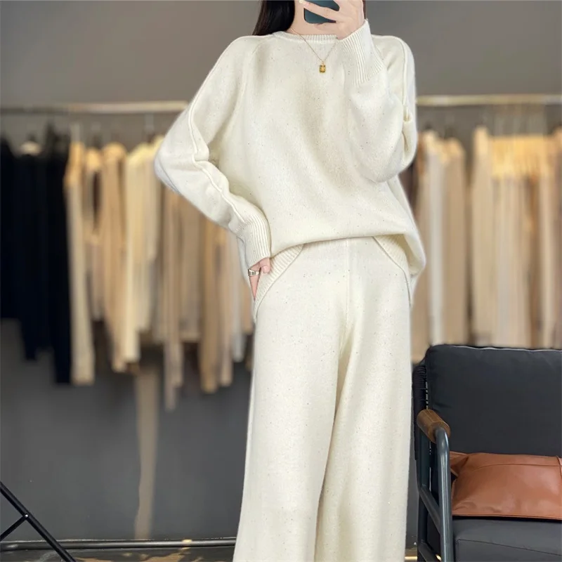 100% Wool Knit Set For Autumn And Winter, Round-Neck Sequined Raglan Sleeve Sweater And Wide-Leg Pants Casual Two-Piece Set