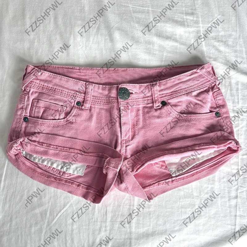 Shorts vaqueros rosas de verano para mujer, sexy, de cintura baja, bordados, súper cortos, estilo gótico retro, que estilizan, de color liso.