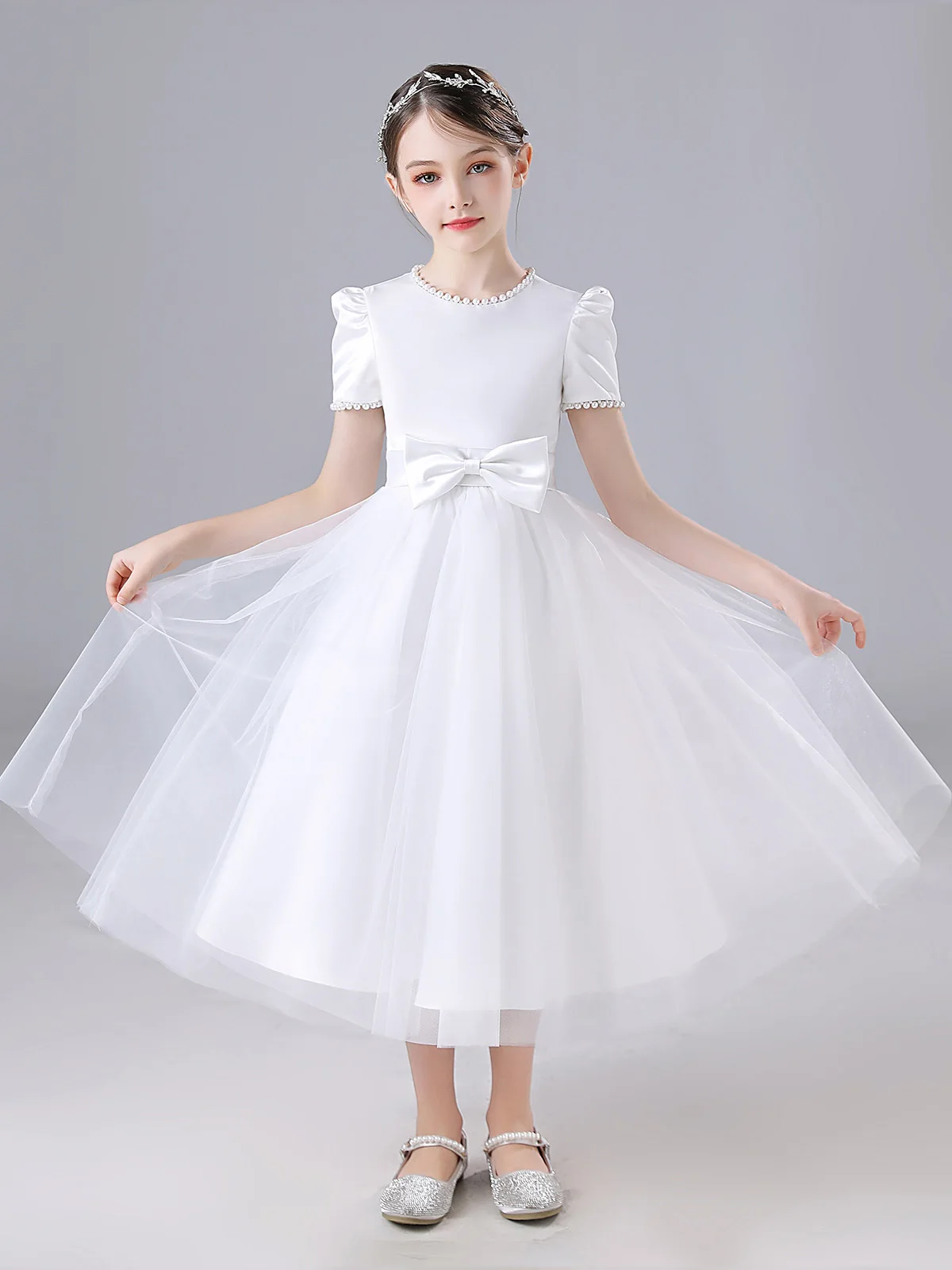 

Girls Dress Ivory White Round Neck Girls Birthday Princess Dress Bridesmaid Dress Calf Length Communion Dress