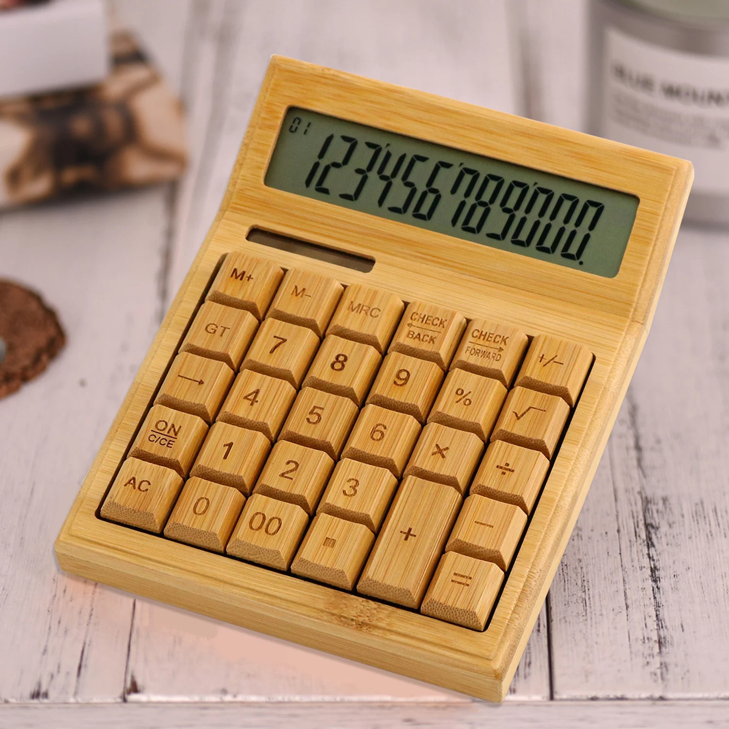 Multifunctional Bamboo Electronic Calculator Counter 12 Digits Solar & Battery Dual Powered for Home Office School Retail Store