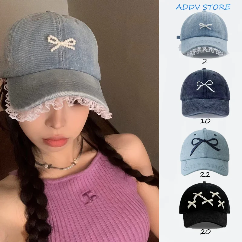 Women's Summer Bow Cap Lace Denim Baseball Cap Cute Three-dimensional Pearl Bow Bent Brim Hat