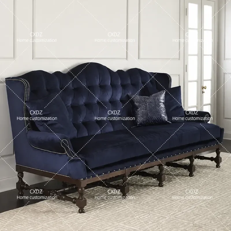 Retro Solid Wood Sofa Set Classical Carved 3 Piece Living Room Furniture Simple Pull Up Design Home Decor