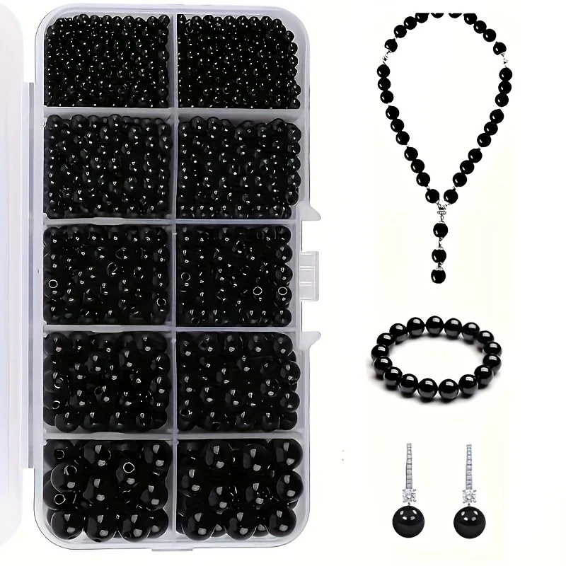 1600pcs, 3/4/5/6/8mm Black Round Bead Set Box, Separated Storage, Used for DIY Production Supplies