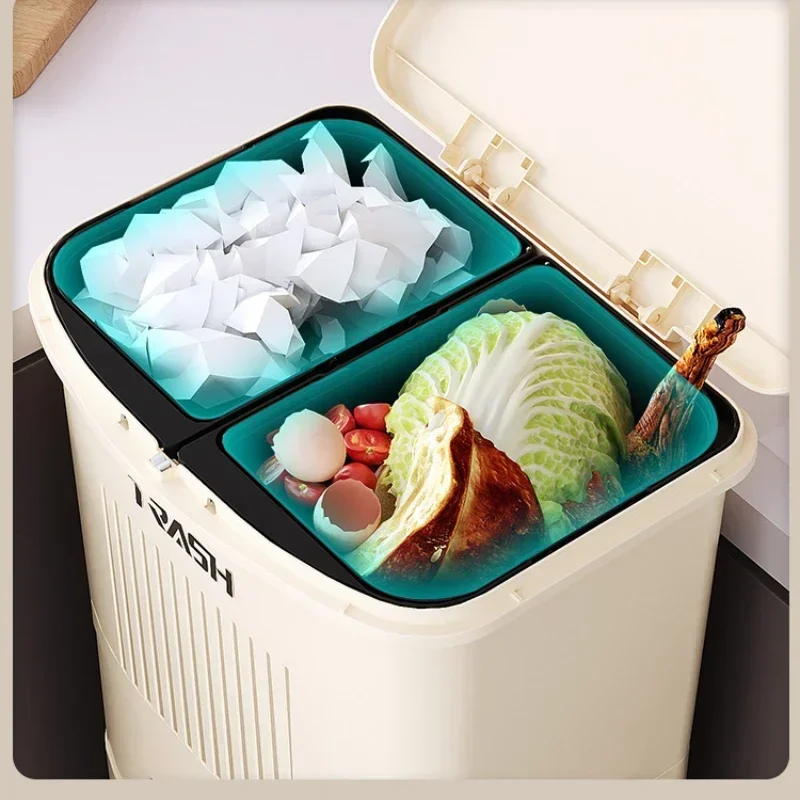 Kitchen Dry and Wet Separation Trash Bin, Large Capacity, Double-Layer Sorting Garbage Can, Lid Included, Household Essential