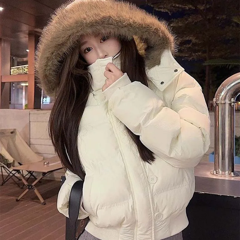 Autumn Winter Women's Fur Hooded Jacket Thick Warm Downon Cotton Padded Girls Waist Slim Short Parkas Coat Fashion Outerwear