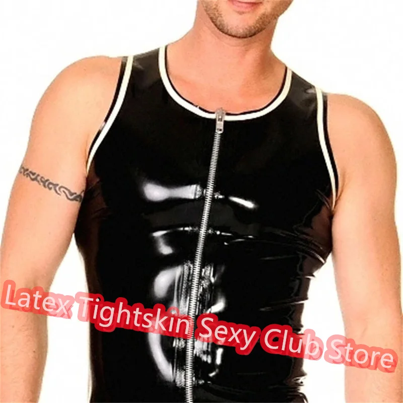 

Handmade Men Latex Top Front Zip T-Shirt Long Sleeves Shirt Man Sexy Tops Rubber Suit Black with White Cosplay Costume