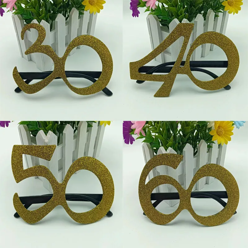 1Pcs Golden Number 30 40 50 60 Funny Eyeglass Frame Adult 30 40 50 60th Happy Birthday Party Anniversary Decor Supplies