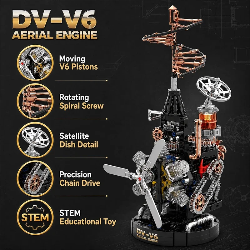 Creativity Motorized V6 Aerial Engine Mechanical Building Blocks Retro Steampunk Helicopter Rotor Assembly Bricks Toy Adult Gift