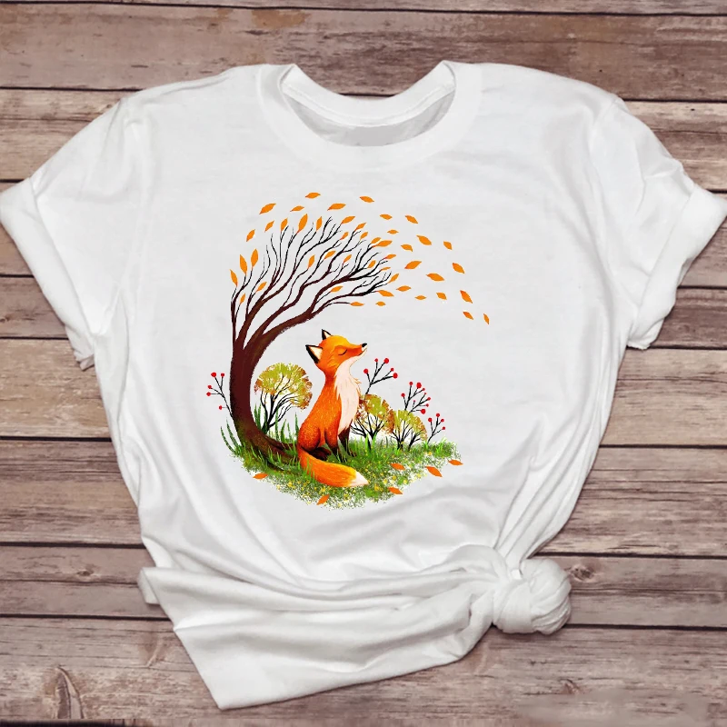 Women T-shirts Watercolor Fashion Short Sleeve 90s Fox Animal Ladies Print Graphic T Top  Lady Shirt Travel Tee T-Shirt