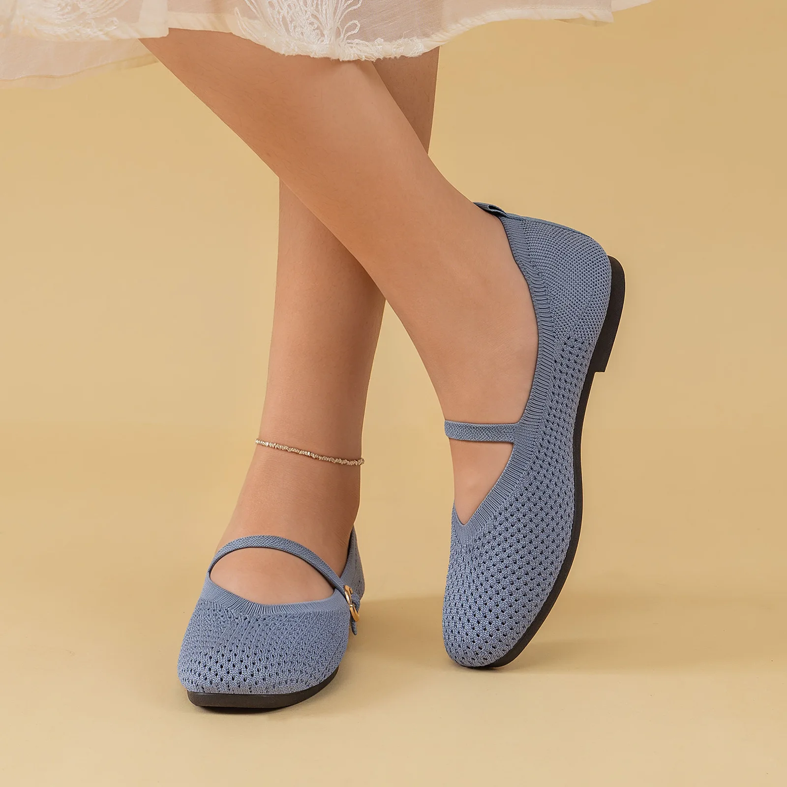 Sommerliche Damen-Mary-Jane-Schuhe mit Lochmuster, weicher flacher Sohle, leichtem Schnallenverschluss, atmungsaktiv, lässig, modisch, Ballerinas – Detail 6