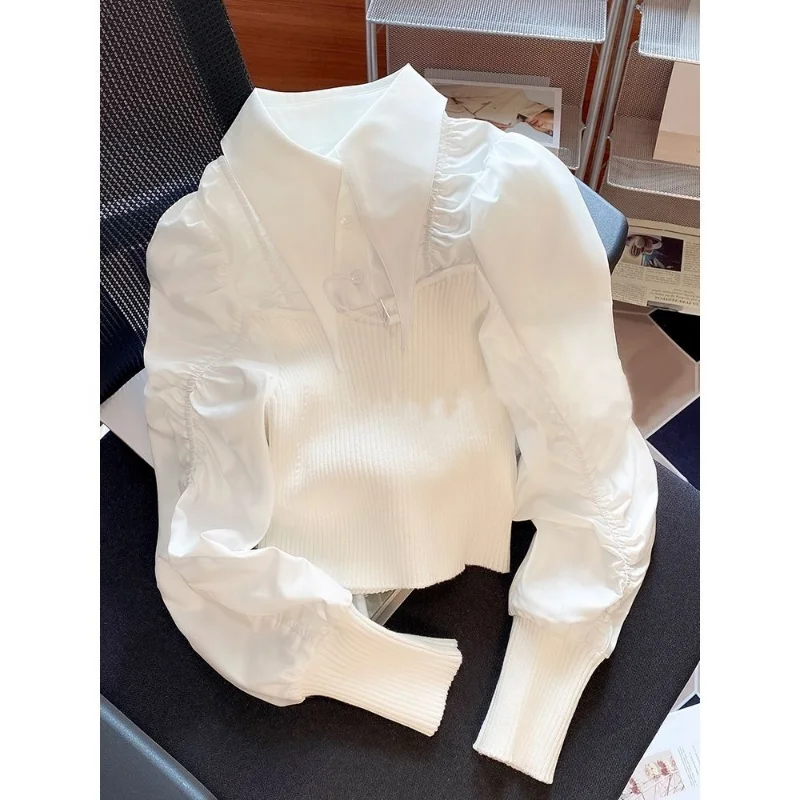Loose Turn Down Collar Blouse Women White Knitwear Tops Patchwork Blusas Mujer Wild Camisas 2024 Spring Shirt Chic