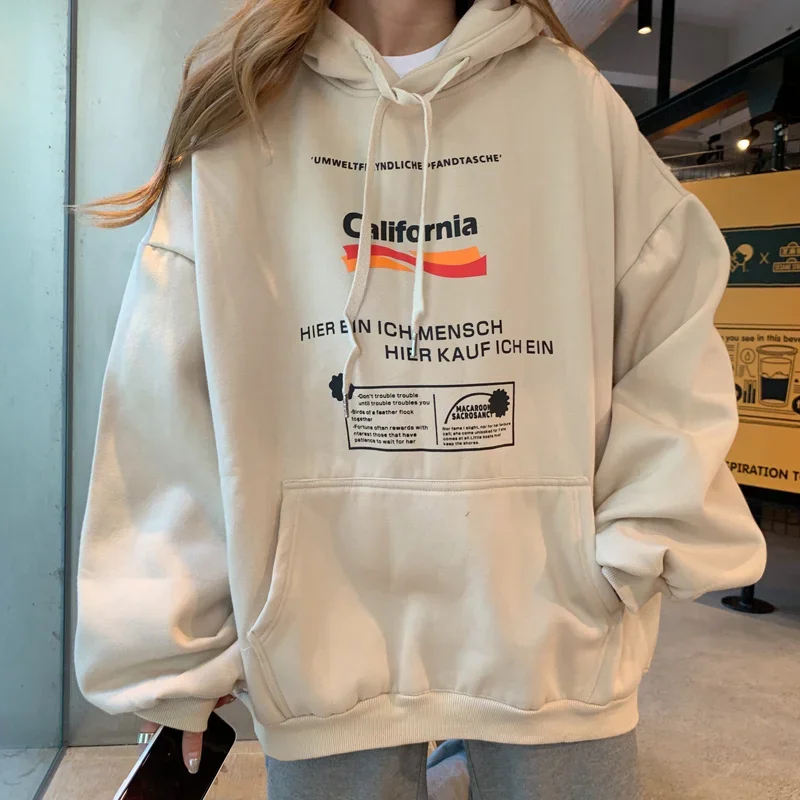 Women Letter Print BF Style Loose Casual Hoodies Pullover Plus Velvet Warm Hooded School Big Pocket Harajuku Sweatshirt Ulzzang