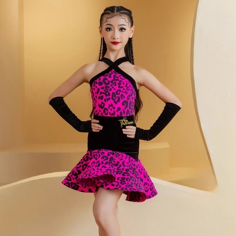 النيون الوردي ليوبارد اللاتينية فستان رقص الفتيات تشا تشا رومبا سامبا أداء الرقص زي المنافسة الملابس المرحلة قطعتين مجموعة