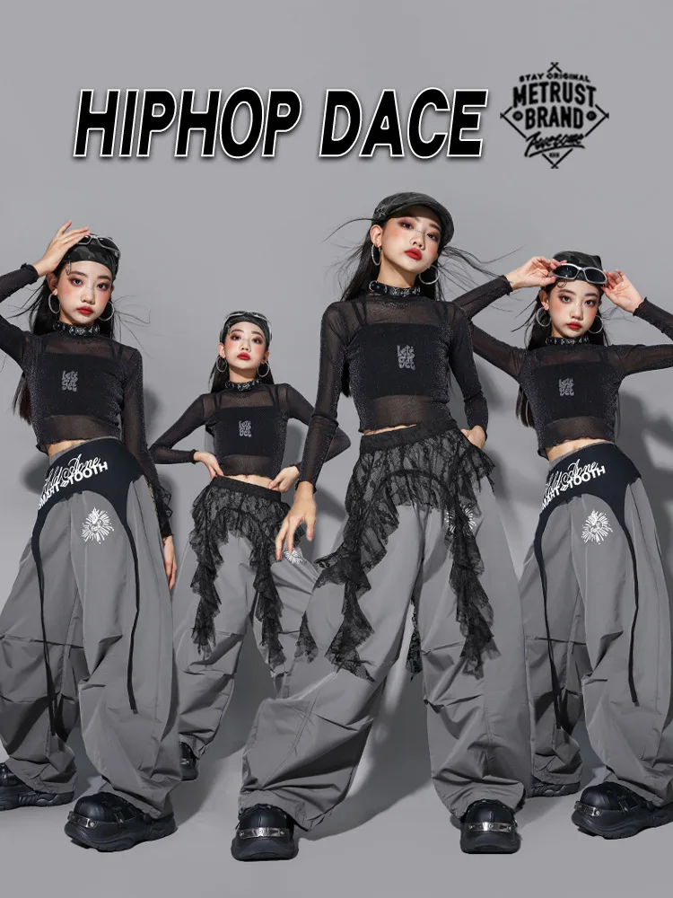 Children Streetwear Costume Girls K-pop Shiny Crop Top Skirts Street Dance Cargo Pants Kids Hip Hop Jazz Girl Group Clothes Sets