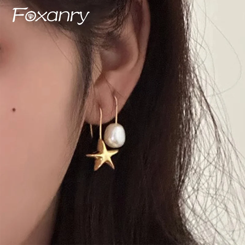 Foxanry Asymmetry Pearl Star Drop Earrings For Women Girls Korean Trendy Creative Sweet Elegant Wedding Party Bride Jewelry Gift