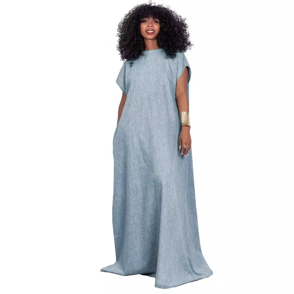 Women\'s Summer Vintage Loose Deep V Backless Dress 2024 Casual and Slouchy Denim Short Sleeve Long Viscose Women Dress LOOSE