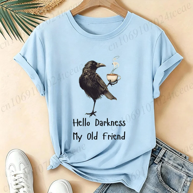 Damen-T-Shirt „Hello Darkness My Old Friend Crow“ mit Kaffeemotiv, Vintage-T-Shirt, Gothic-Raben-Print, kurzärmelig, lässiges Streetwear-Oberteil – Detail 5
