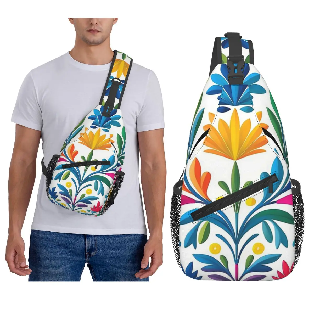 Mexican Flowers Otomi Art Print Chest Bag Men Sling Crossbody Backpack Chest Bag Travel Hiking Daypack Shoulder Bag