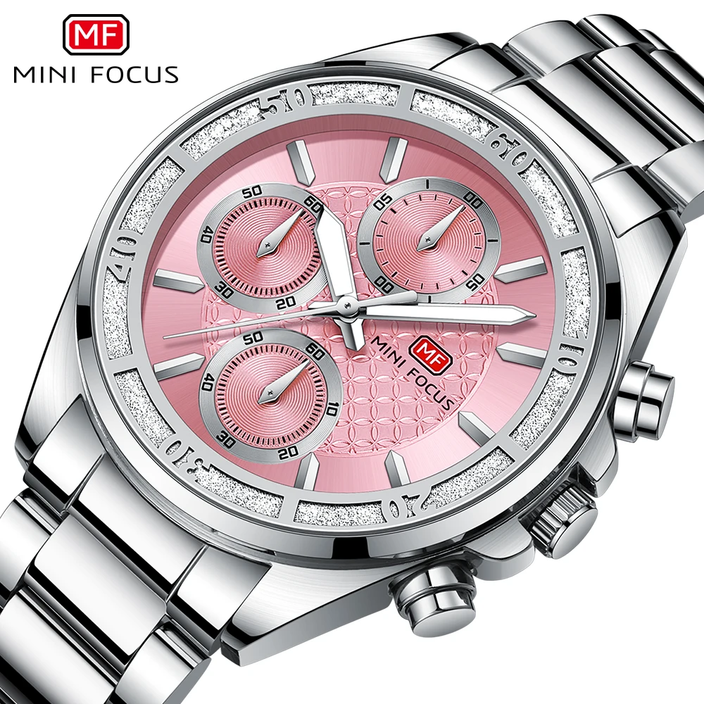 

MINI FOCUS 0615, модные кварцевые часы для женщин, многофункциональный хронограф, светящийся водонепроницаемый стальной ремешок, элегантные женские часы