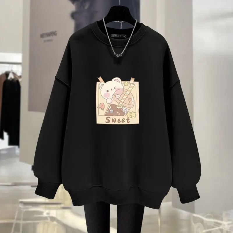 Women Clothing Fashion Loose Casual Pure Cotton Hoodies Autumn Y2k Chic O-neck Pullovers Vintage Cartoon Printed Sweatshirt