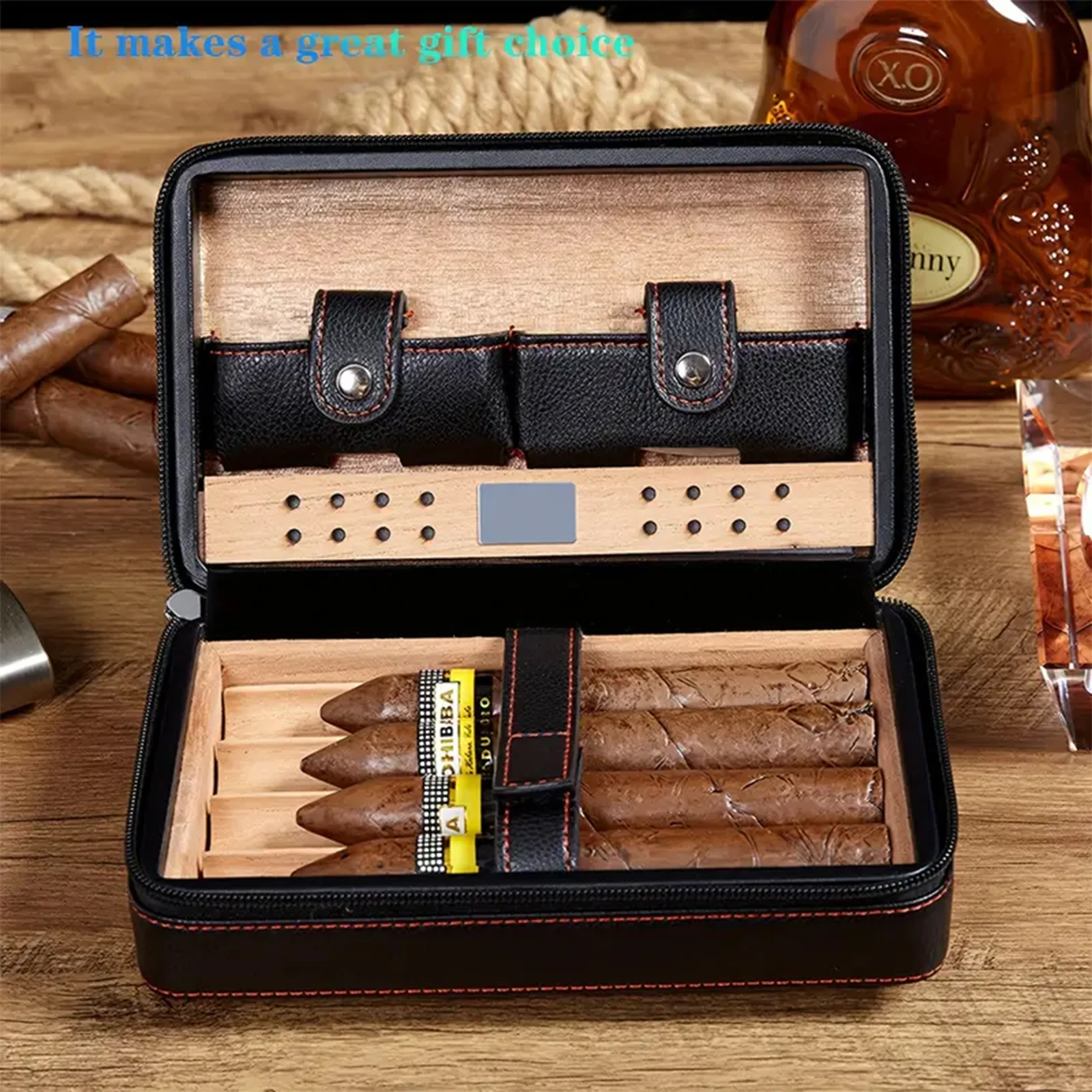 Leather Cigar Travel Case - Portable Cedar Lined Humidor with Zipper Closure, Holds 4 Cigars - Elegant Black And Brown Leather E